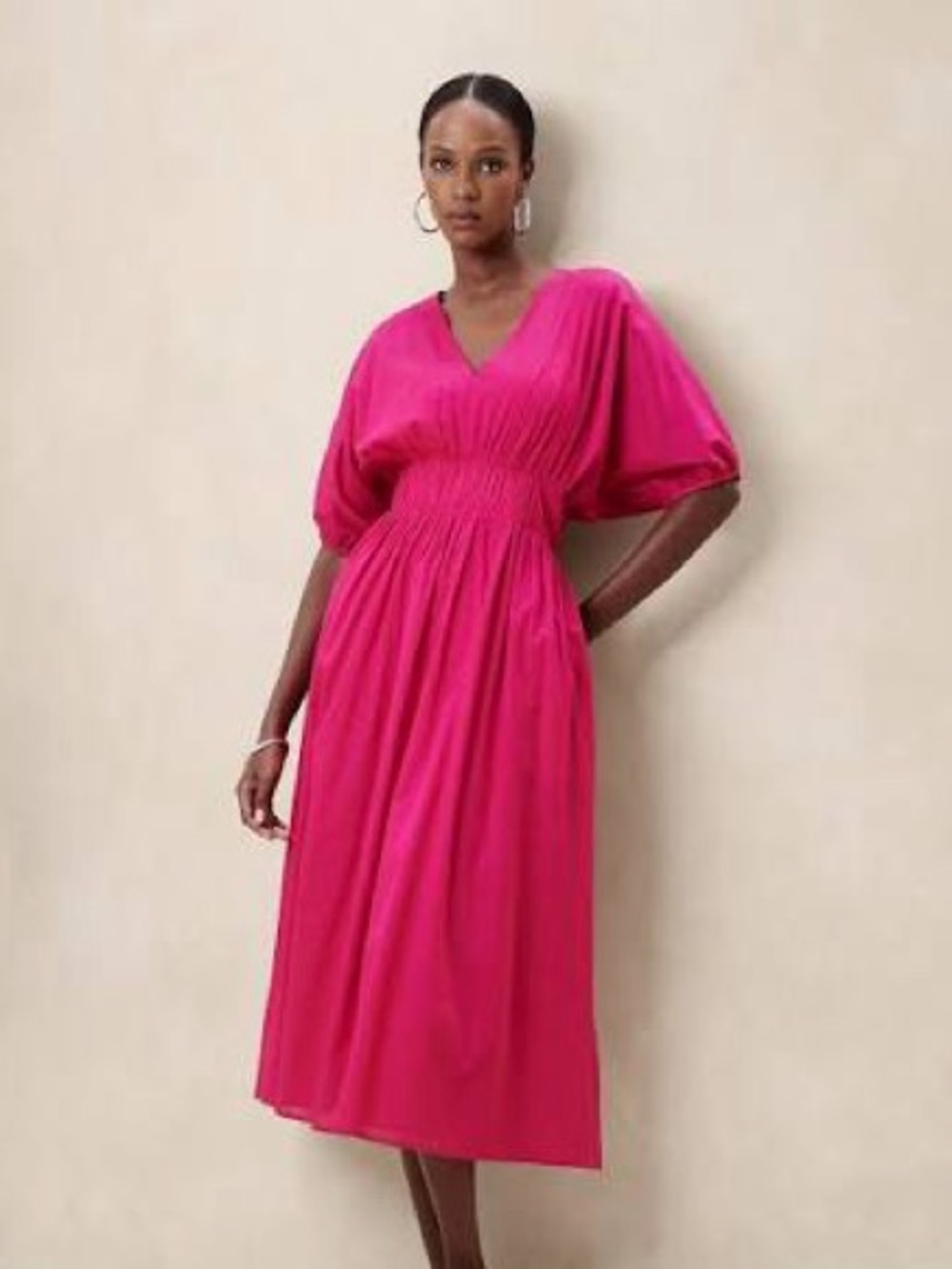 Banana Republic Hot Pink V-Neck Smocked Waist Midi Dress